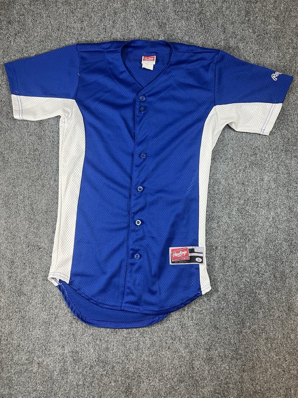 Rawlings Baseball Jersey Men’s Small Blue White Button Front Athletic Shirt